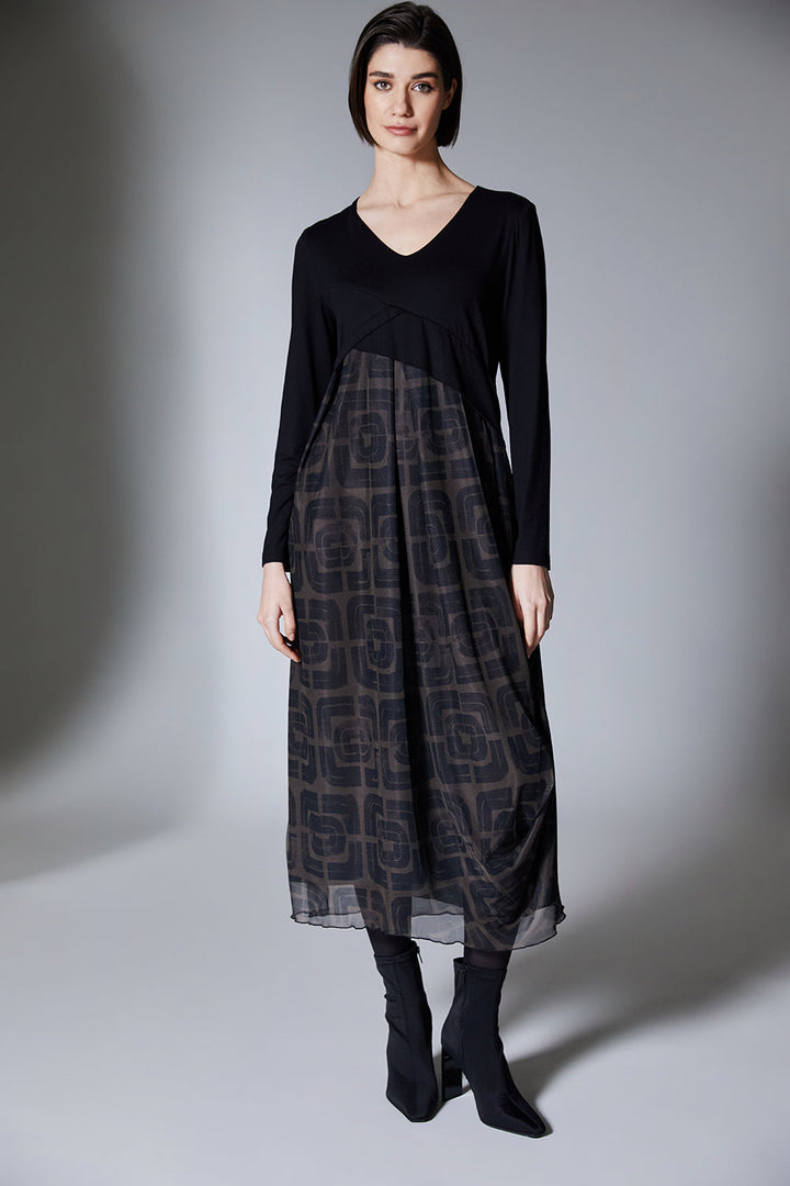 Maeve | Black Jersey & Mesh Midi Dress